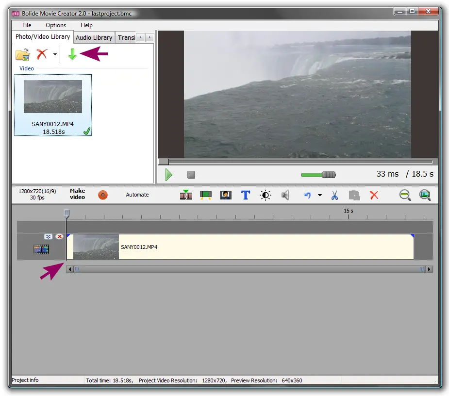 adding a photo or video to the timeline in Bolide Movie Creator