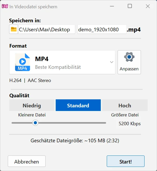Video speichern in Bolide Movie Creator
