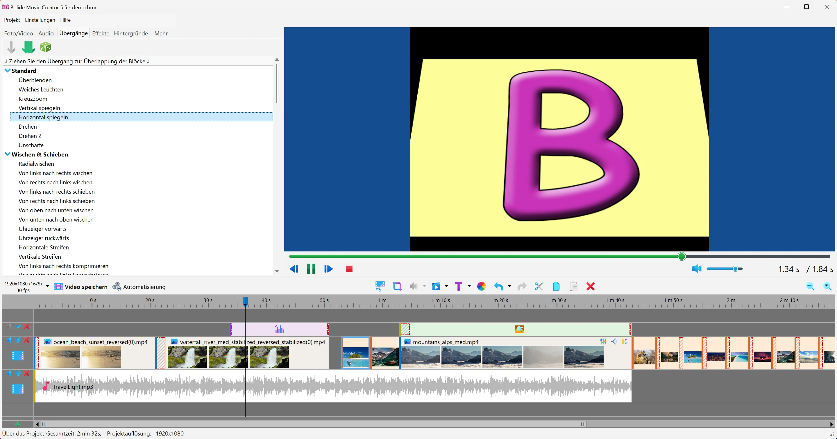 Übergänge zwischen Clips in Bolide Movie Creator