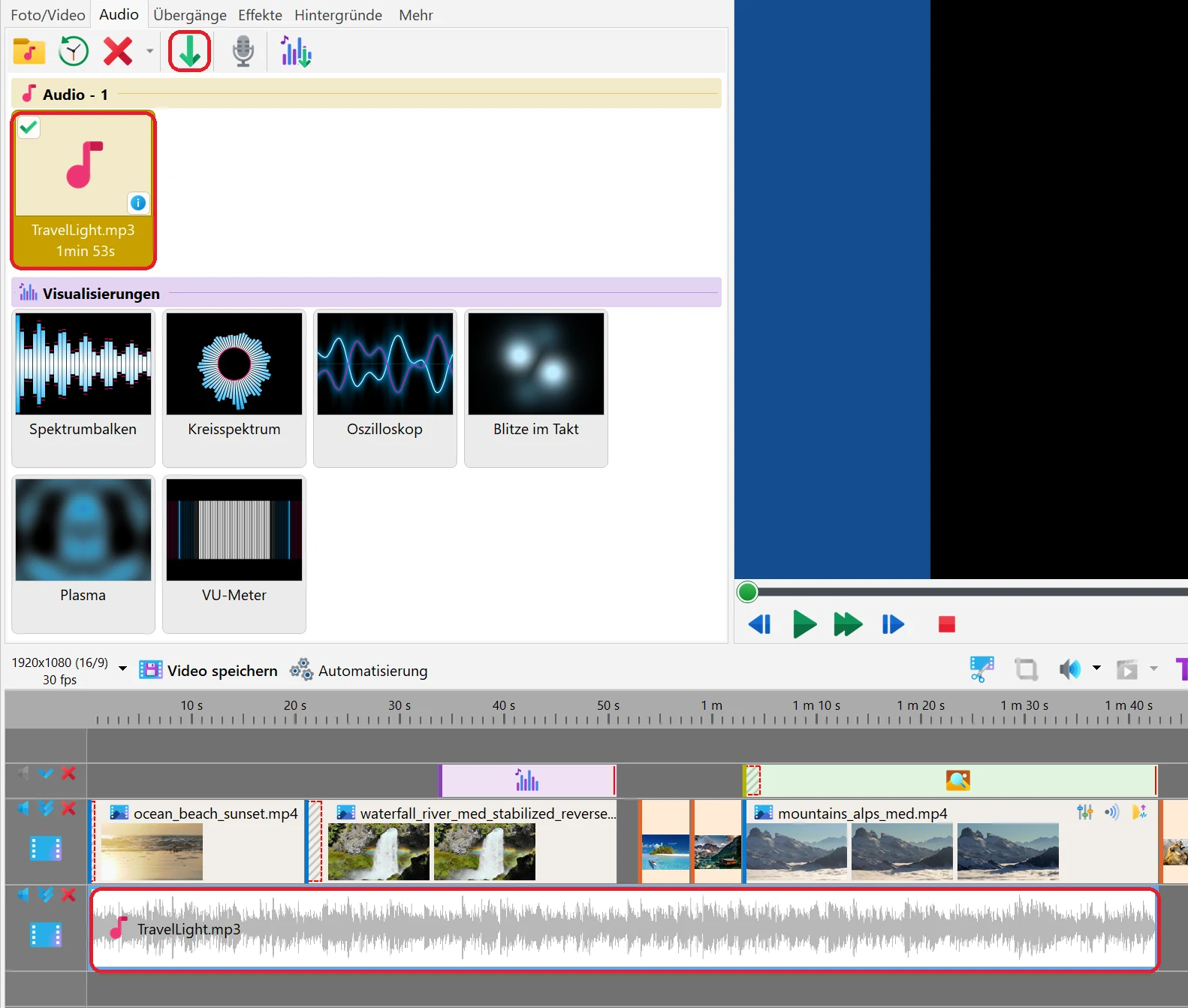 Eine Audiodatei zur Timeline hinzufügen in Bolide Movie Creator