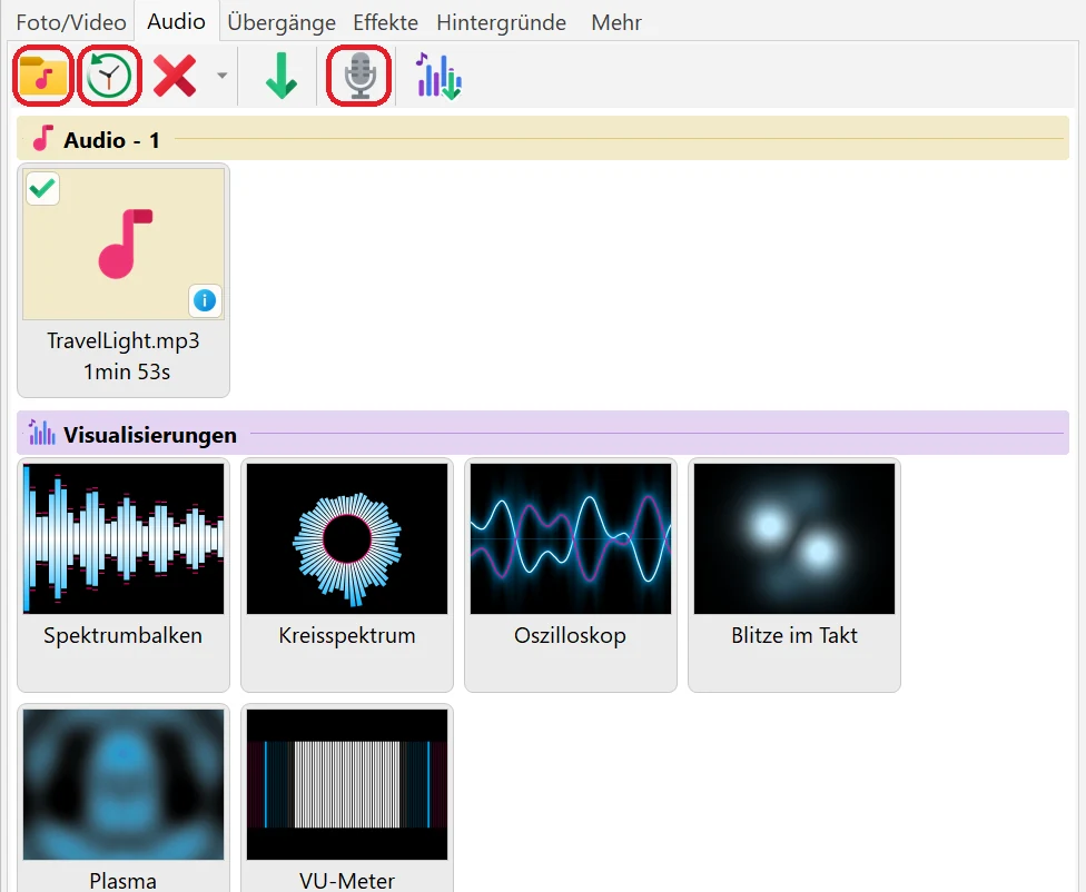 Audio zur Audiobibliothek hinzufügen in Bolide Movie Creator