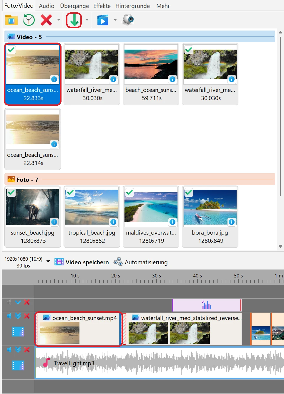 Ein Foto oder Video zur Timeline hinzufügen in Bolide Movie Creator