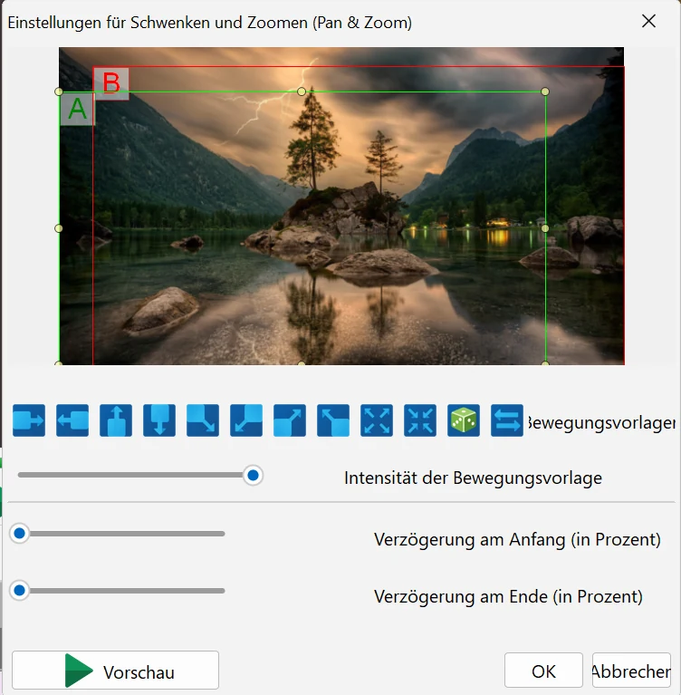 Einstellungen des Pan-and-Zoom-Effekts in Bolide Movie Creator