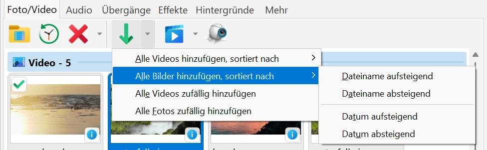 Ein Foto/Video zur Projektbibliothek hinzufügen in Bolide Movie Creator