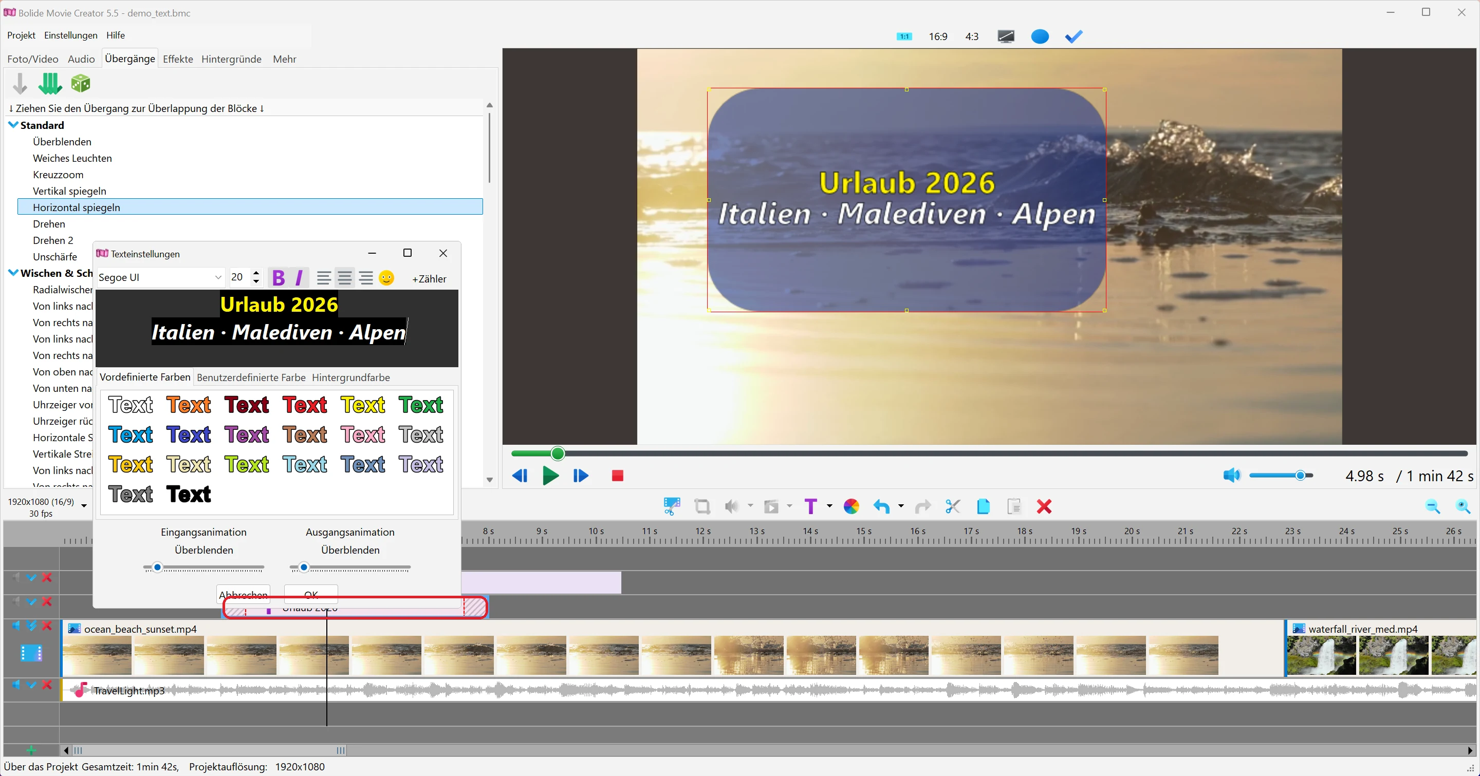 Text zum Videoprojekt hinzufügen in Bolide Movie Creator