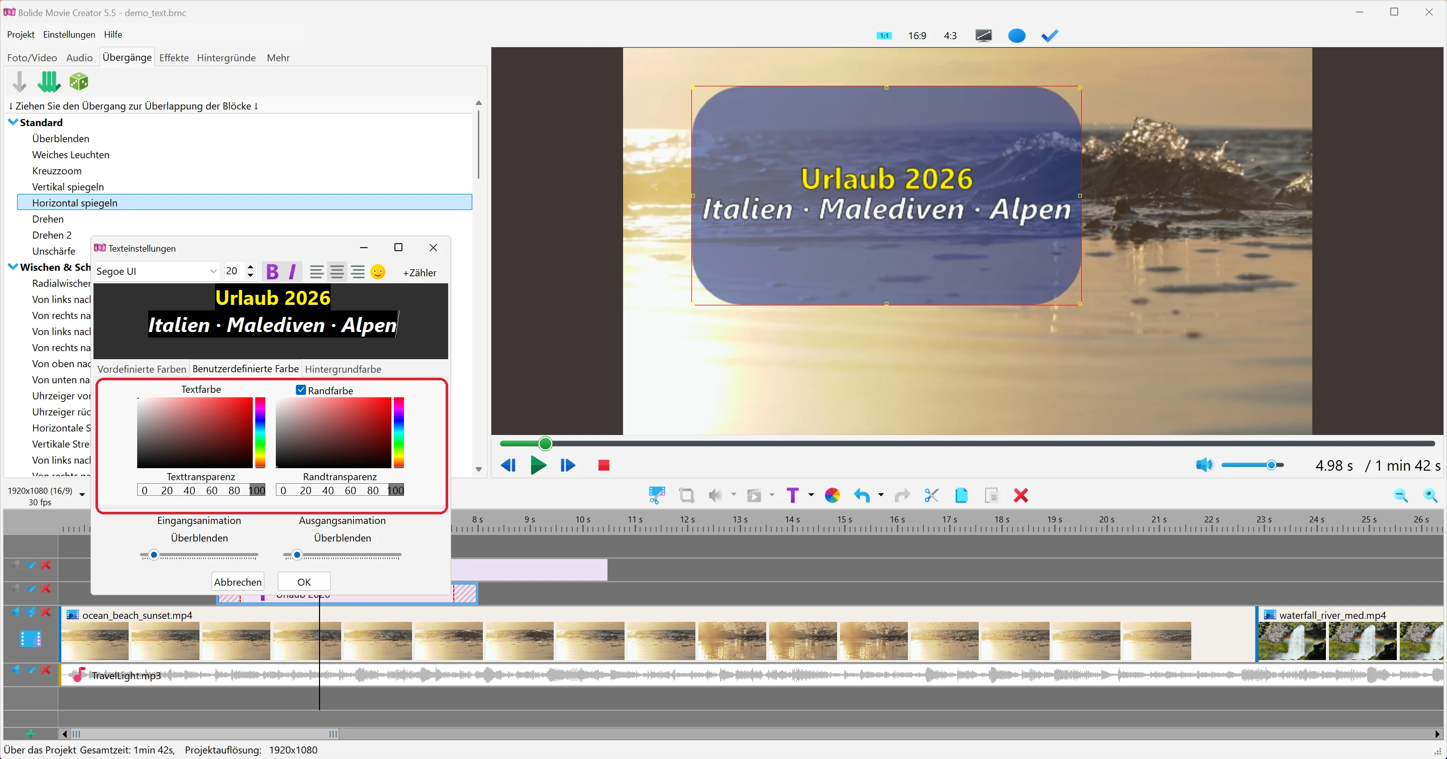 Textfarbe auswählen in Bolide Movie Creator
