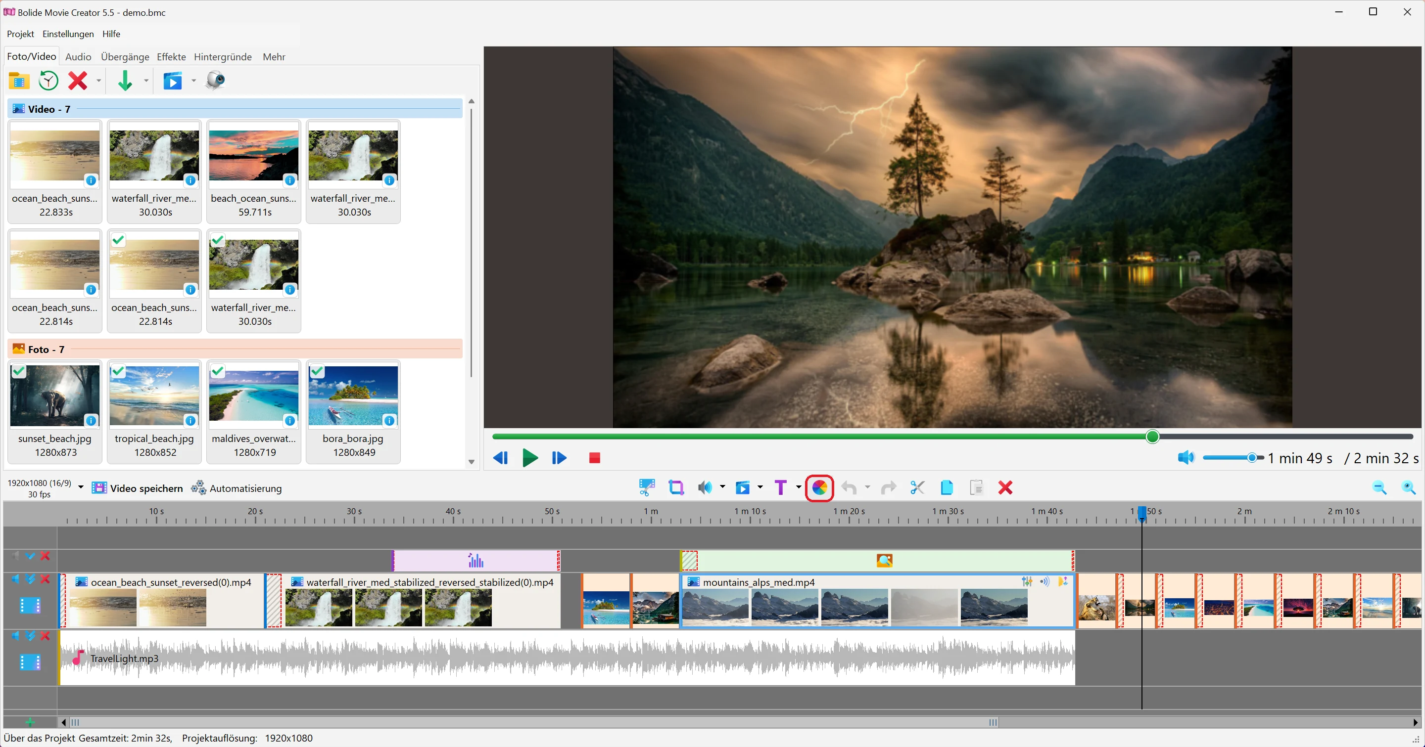 Bildwerte des Videoclips einstellen in Bolide Movie Creator
