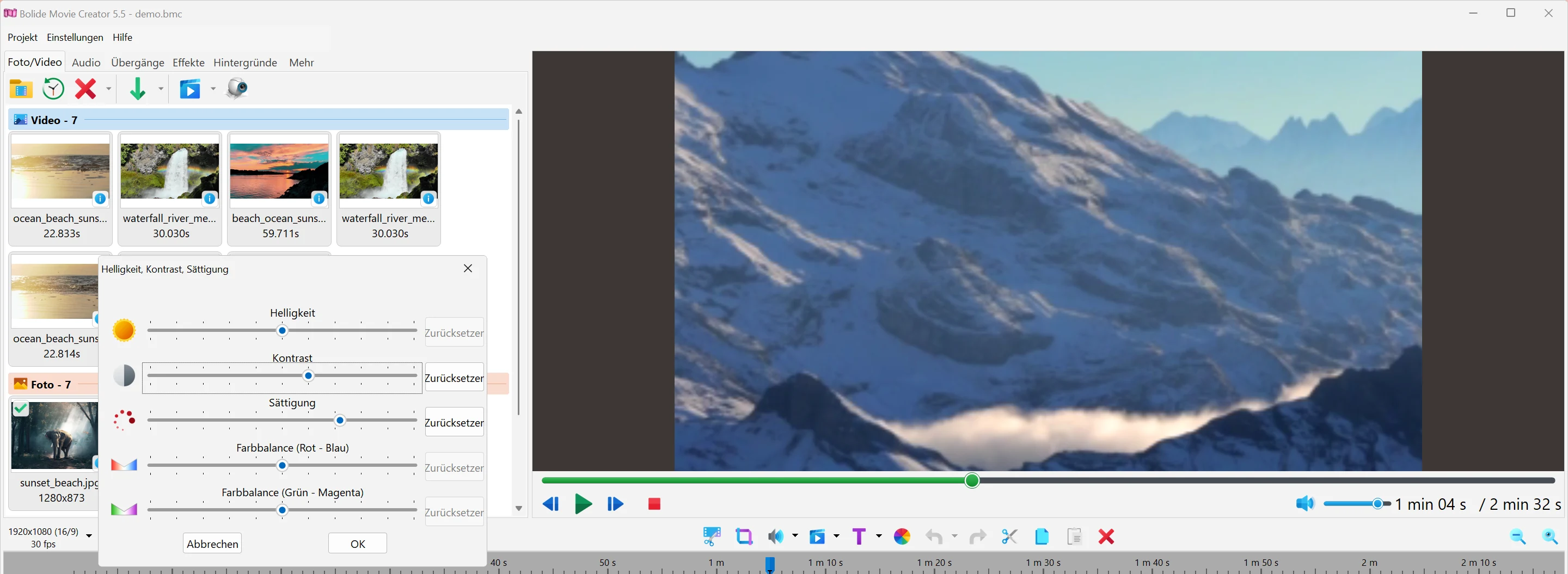 Helligkeit, Kontrast und Sättigung ändern in Bolide Movie Creator