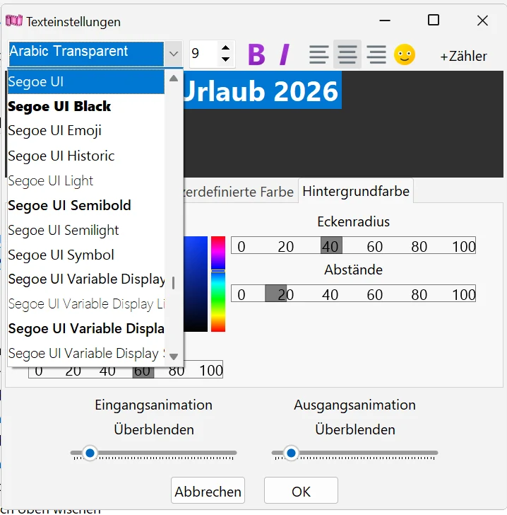 Schriftart für den Text auswählen in Bolide Movie Creator