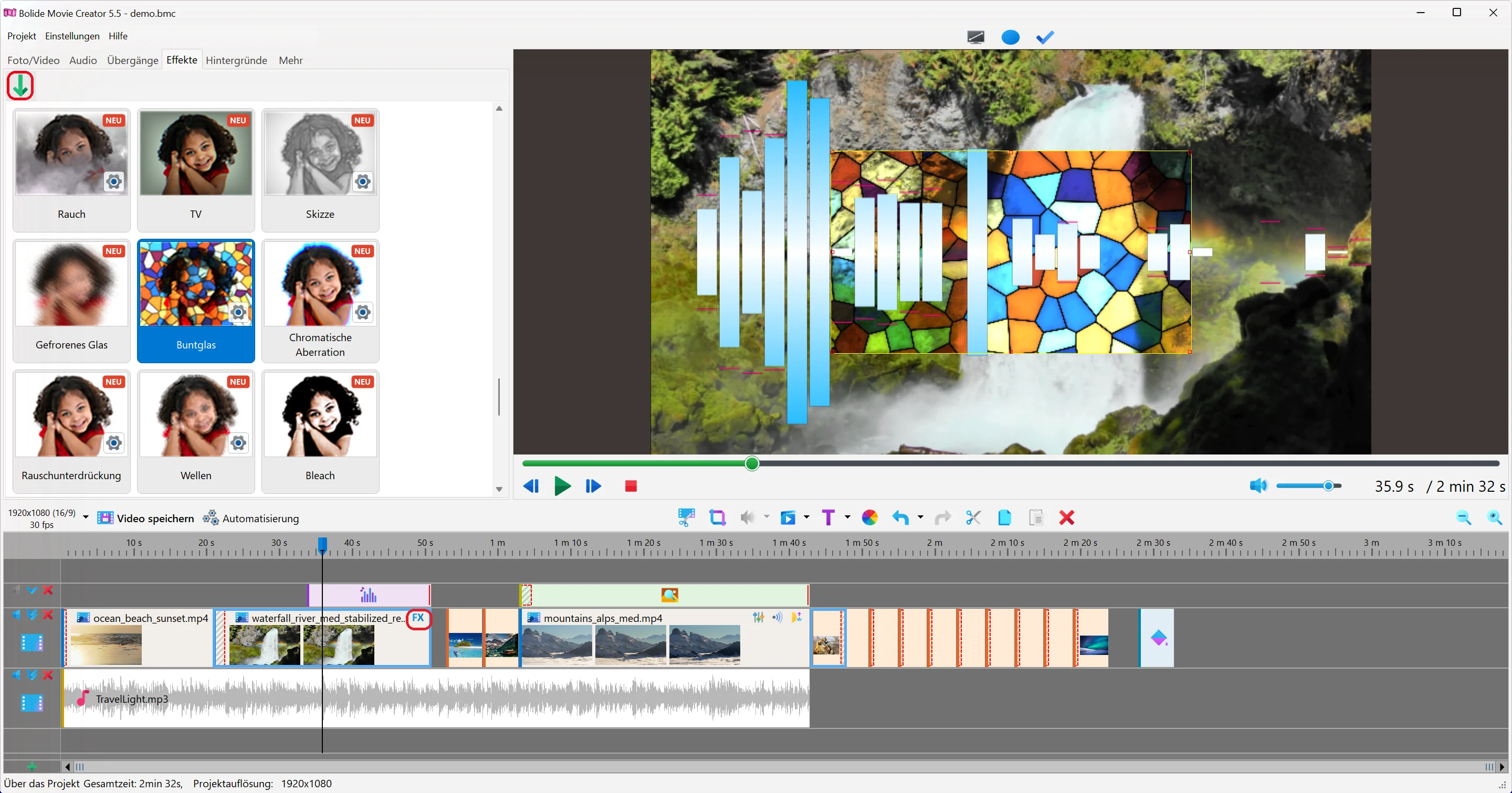 Effekt auf einen Clip anwenden in Bolide Movie Creator