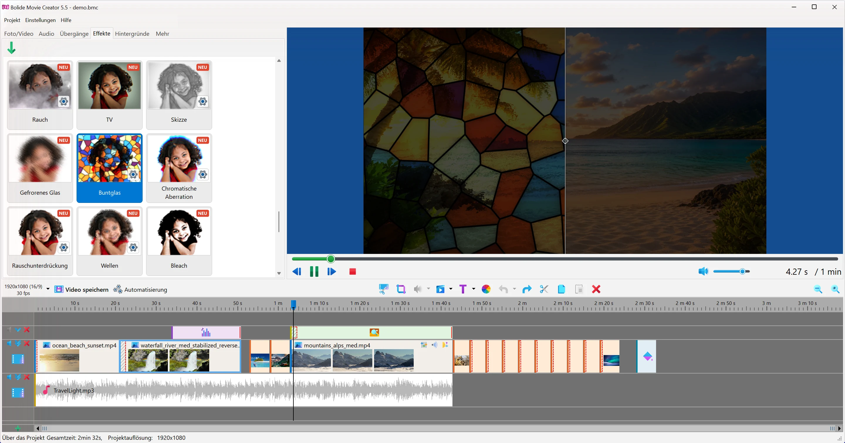 Der Reiter „Effekte“ in Bolide Movie Creator