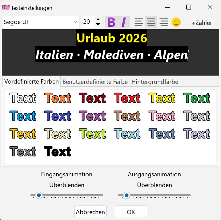 Fenster Texteinstellungen in Bolide Movie Creator