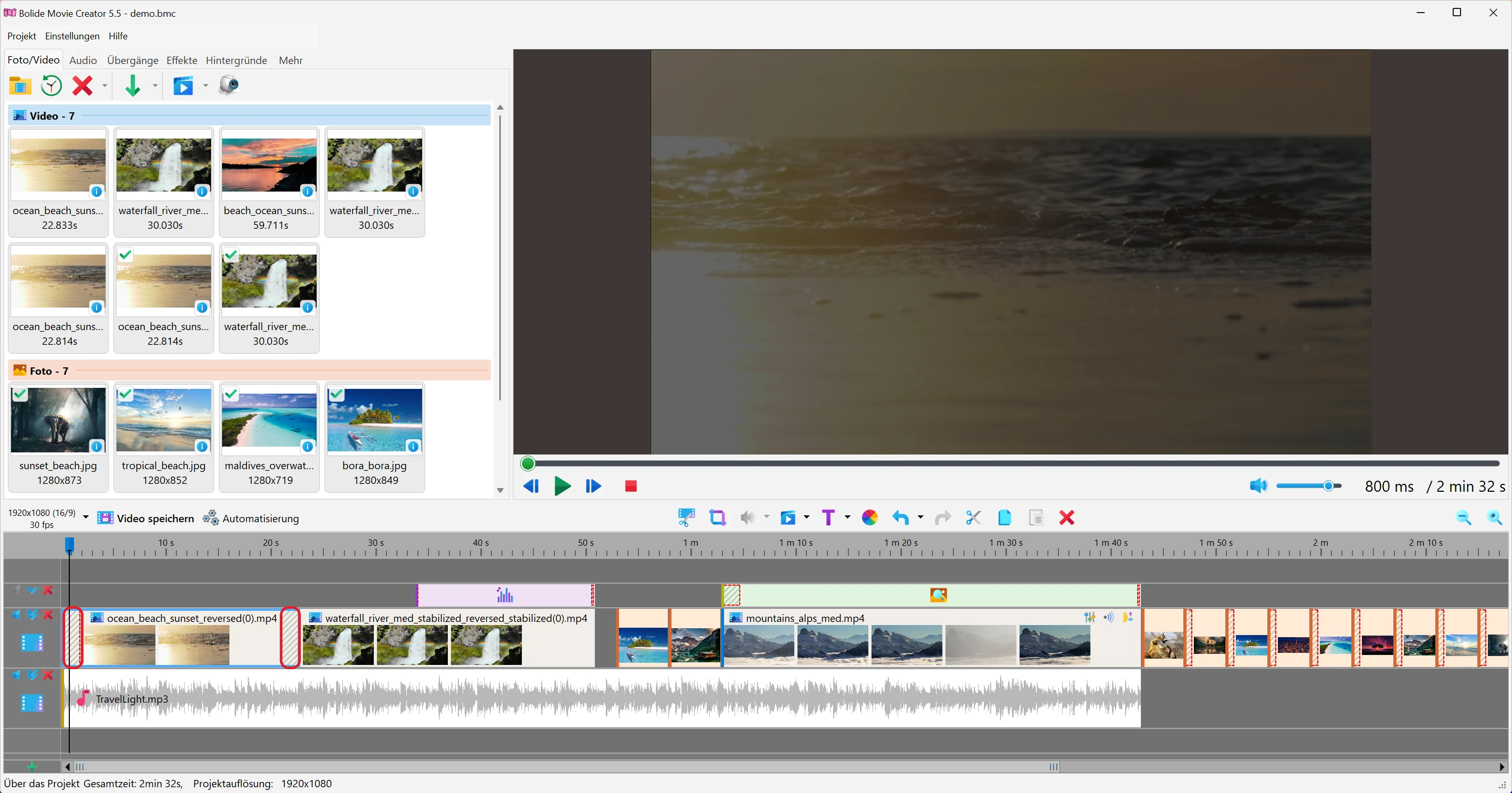 Ein- und Ausblenden in Aktion in Bolide Movie Creator
