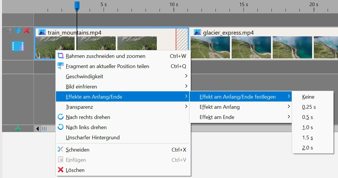 Ein- und Ausblenden für einen Videoclip einstellen in Bolide Movie Creator