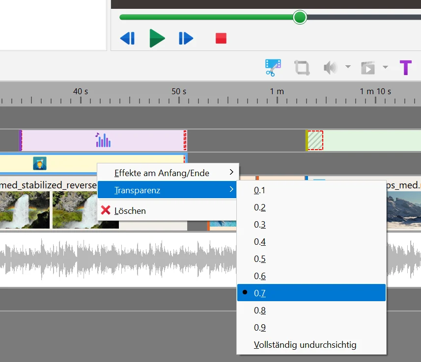 Zeitpunkt, Abdunklung und Blende in Bolide Movie Creator