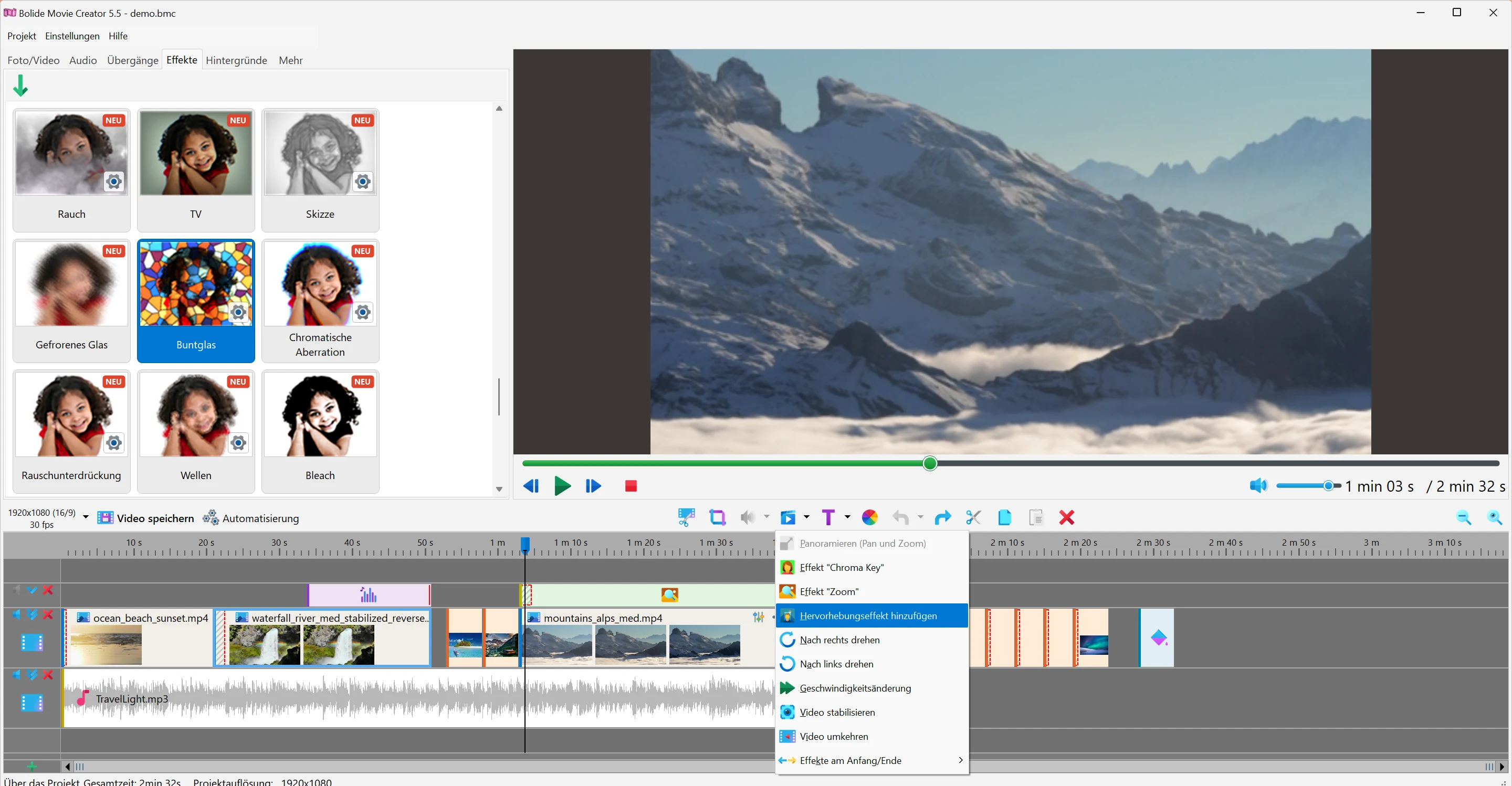 Effekt hinzufügen in Bolide Movie Creator
