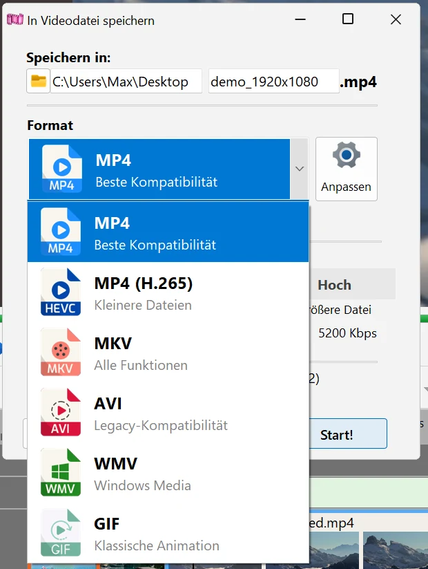Ausgabeformat des Videos in Bolide Movie Creator wählen
