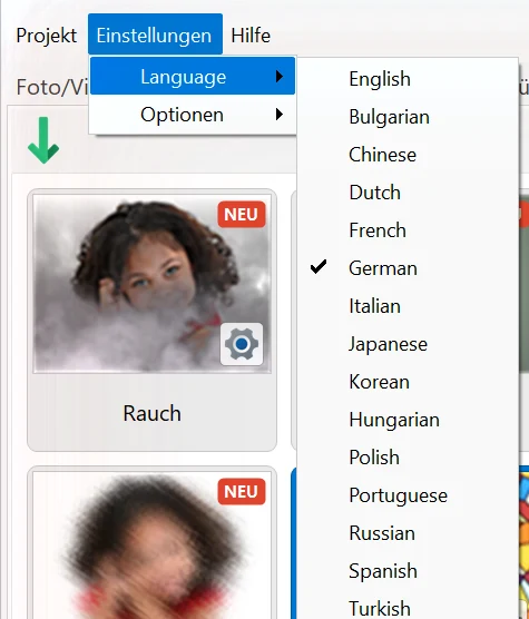 Sprache der Oberfläche ändern in Bolide Movie Creator