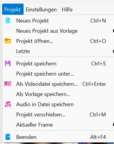 Ein Projekt erstellen, öffnen und speichern in Bolide Movie Creator