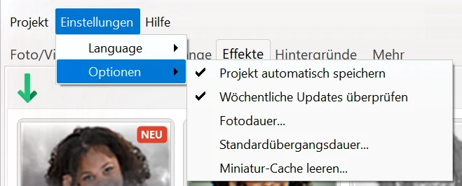 Optionen in Bolide Movie Creator