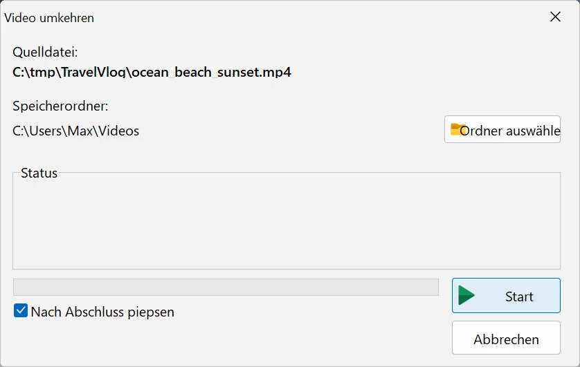 Das Fenster „Video umkehren“ in Bolide Movie Creator