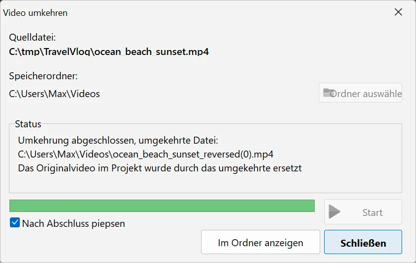 Das Fenster „Video umkehren“ in Bolide Movie Creator