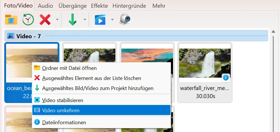 Eine ganze Datei aus der Bibliothek umkehren in Bolide Movie Creator