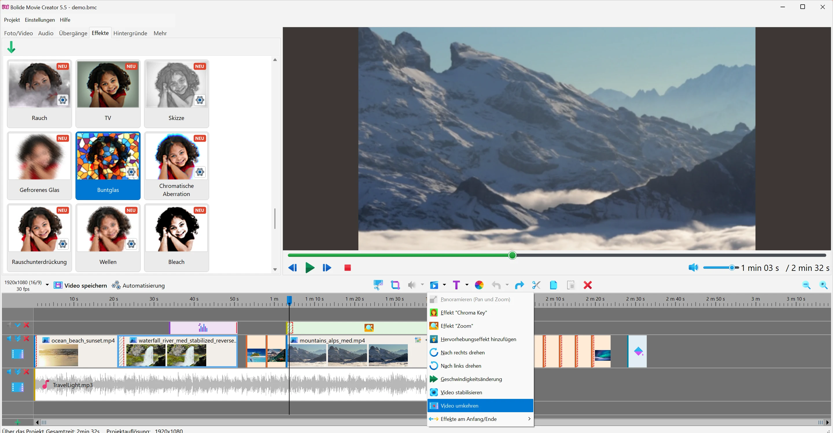 Einen Clip auf der Timeline umkehren in Bolide Movie Creator