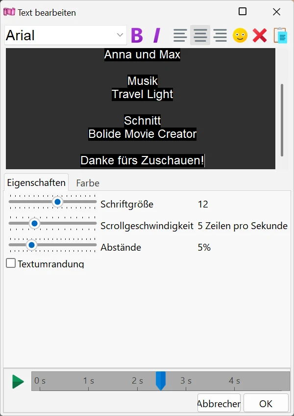 Das Fenster „Text bearbeiten“ in Bolide Movie Creator