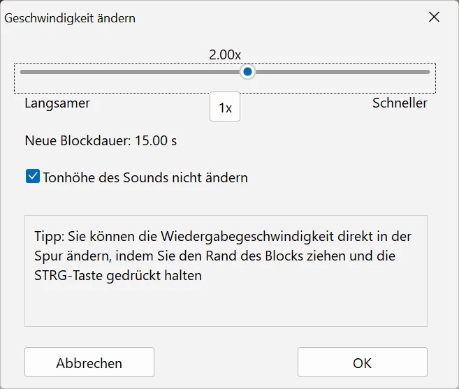Genaue Geschwindigkeit im Fenster „Geschwindigkeit ändern“ in Bolide Movie Creator