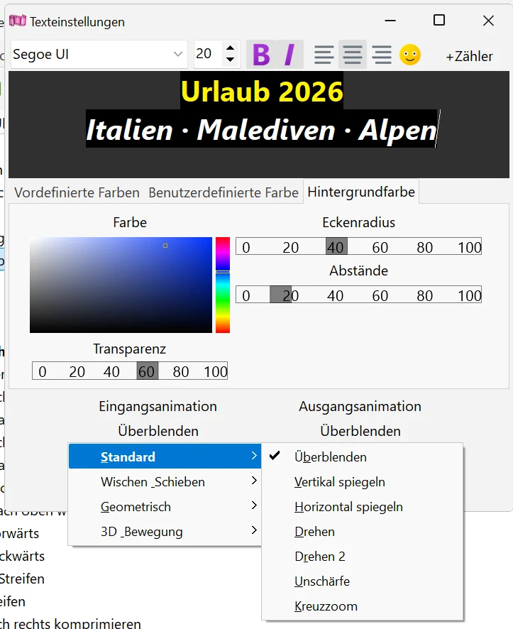 Animation zum Erscheinen und Verschwinden in Bolide Movie Creator