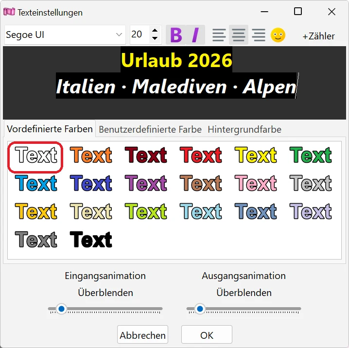 Textfarbe und Umrandung in Bolide Movie Creator