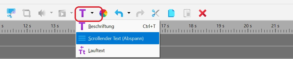 Einen Abspann- oder Lauftext-Block hinzufügen in Bolide Movie Creator