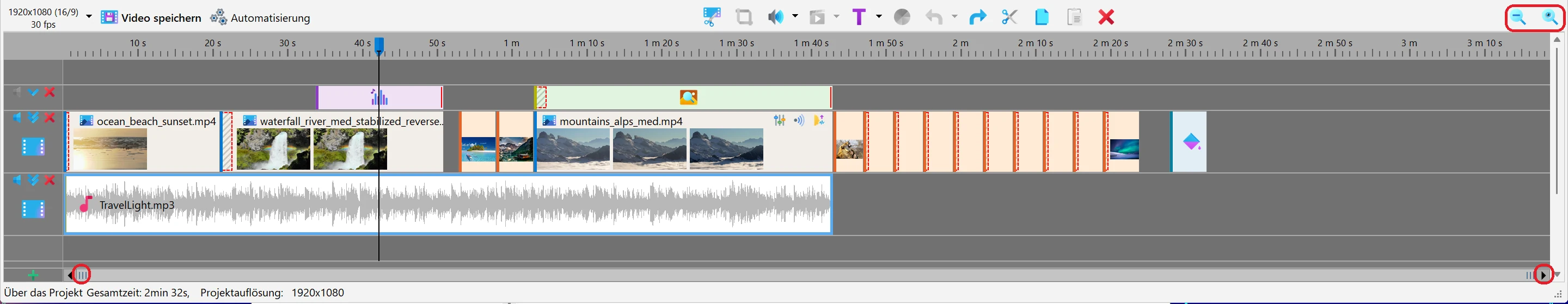 Timeline zoomen und scrollen in Bolide Movie Creator