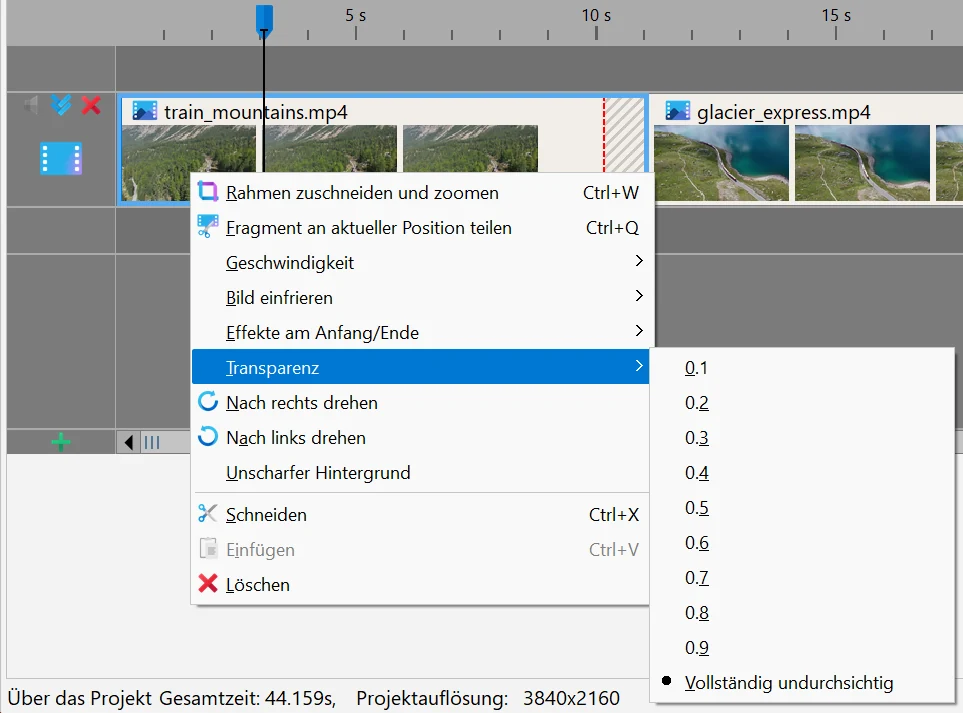 Transparenz eines Clips ändern in Bolide Movie Creator