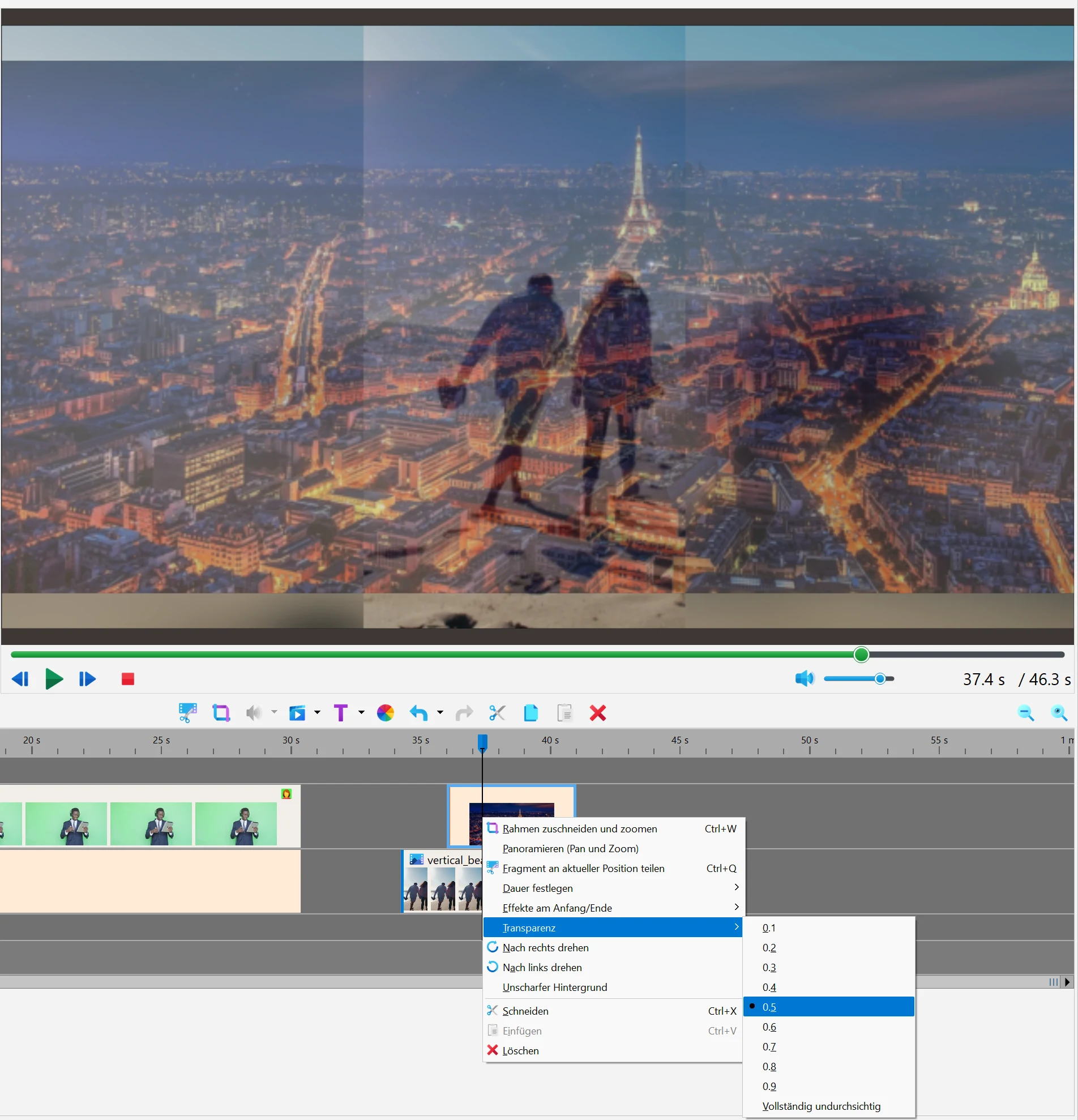 halb durchsichtiger Videoclip in Bolide Movie Creator