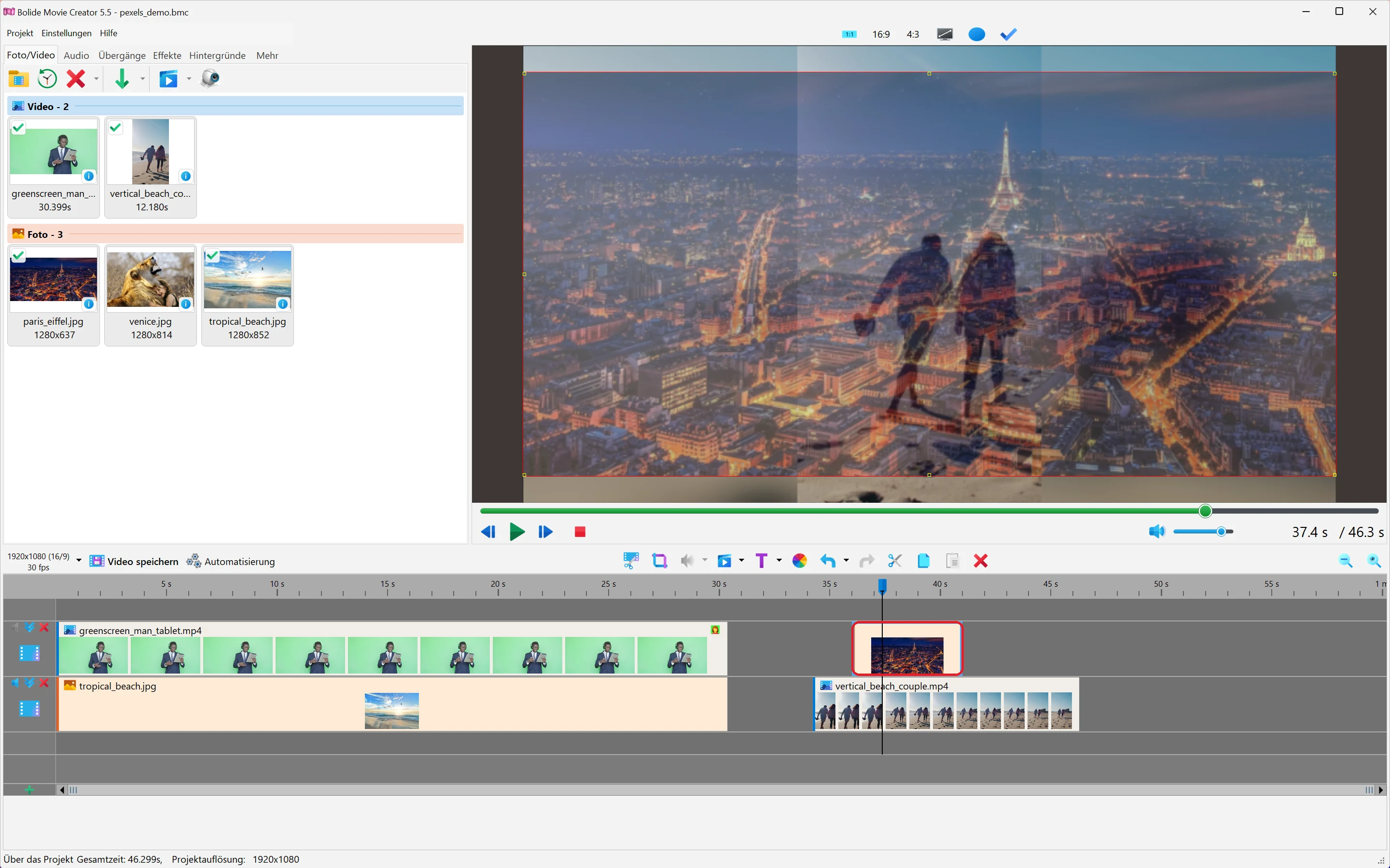 zwei Videoclips überlagern in Bolide Movie Creator