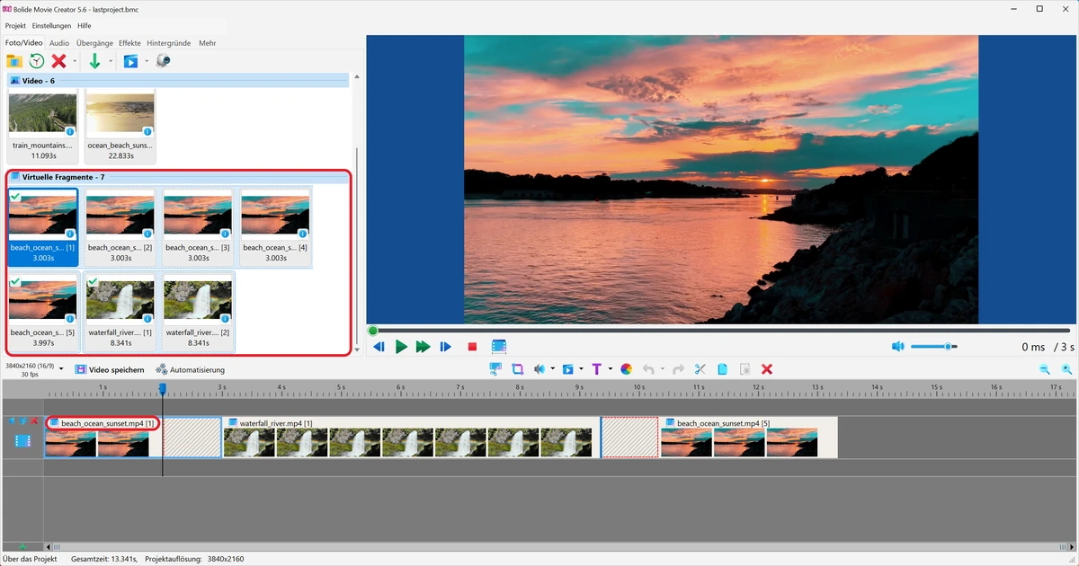 Virtuelle Fragmente in der Bibliothek und auf der Timeline in Bolide Movie Creator