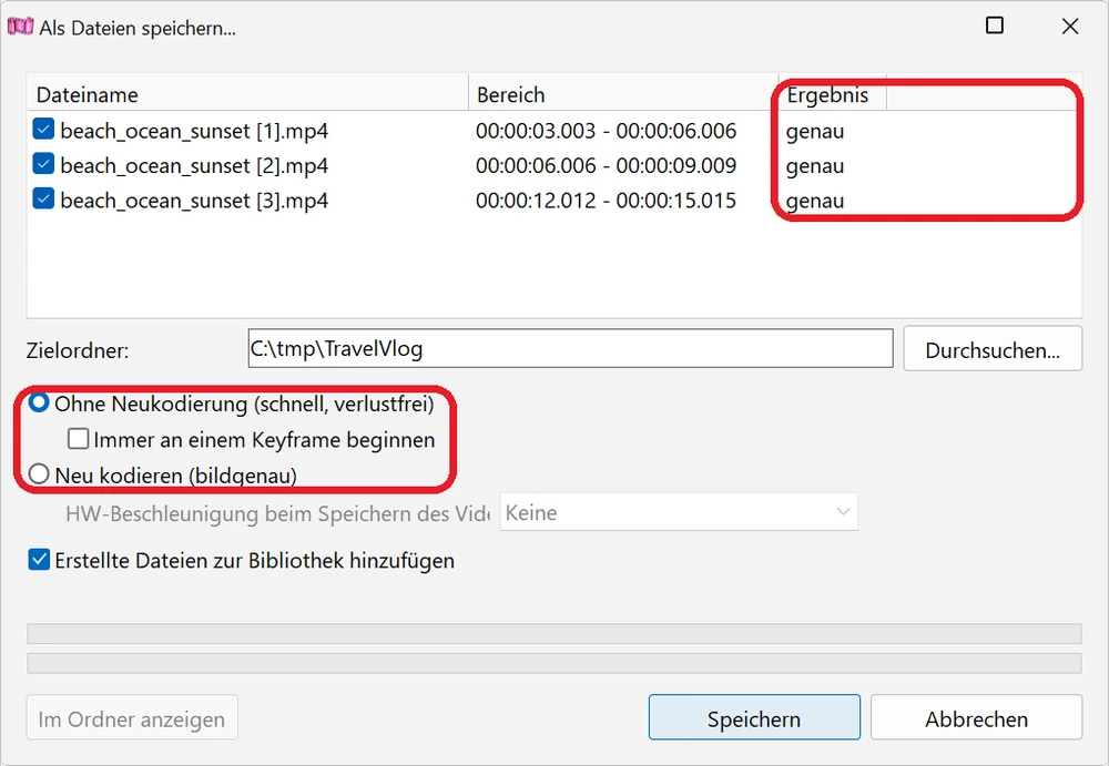 Fragmente als einzelne Dateien speichern in Bolide Movie Creator