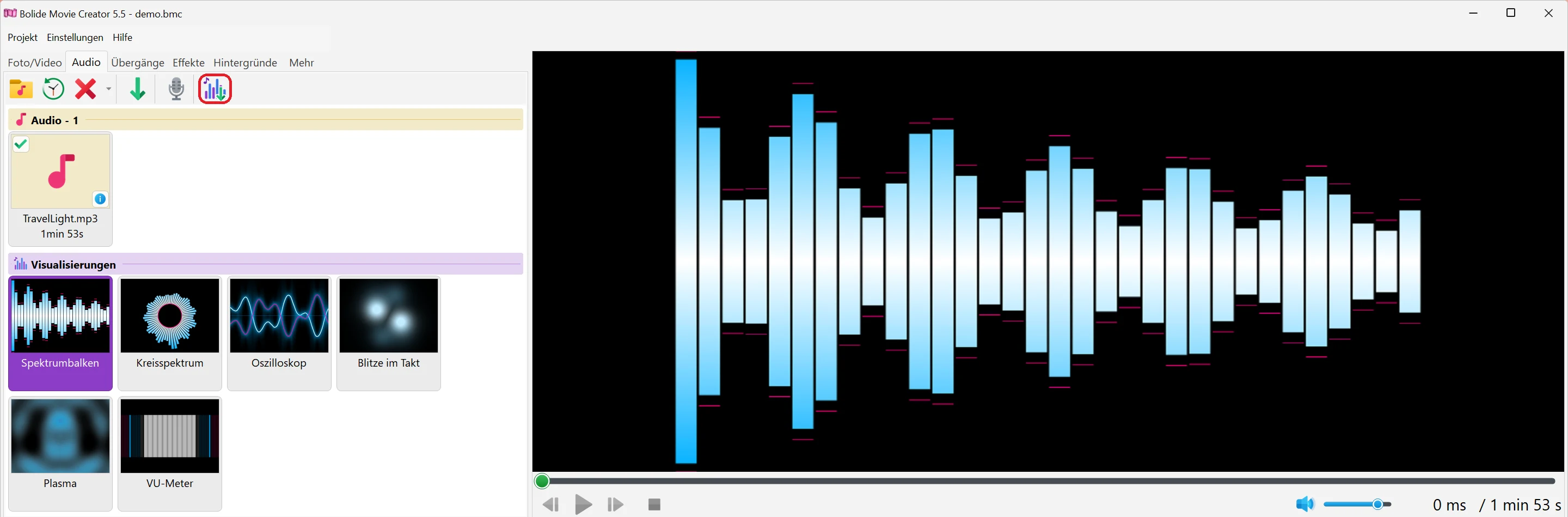 Wo Sie die Visualisierungen finden in Bolide Movie Creator