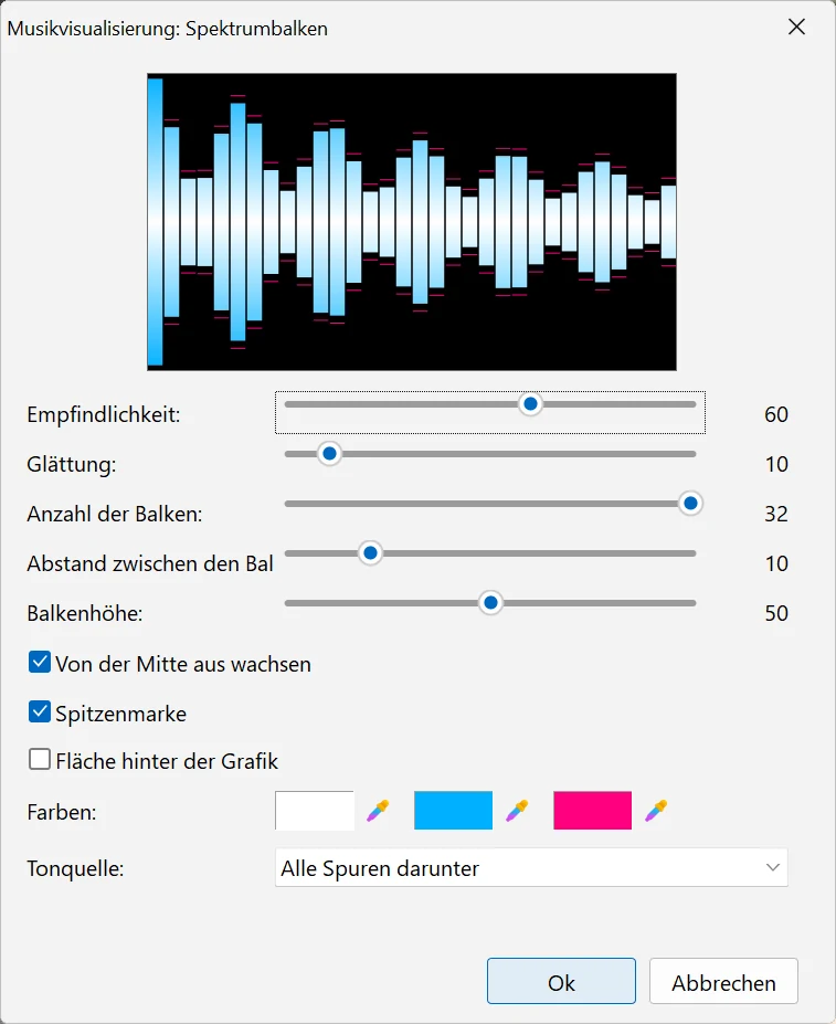 Das Einstellungsfenster der Visualisierung in Bolide Movie Creator