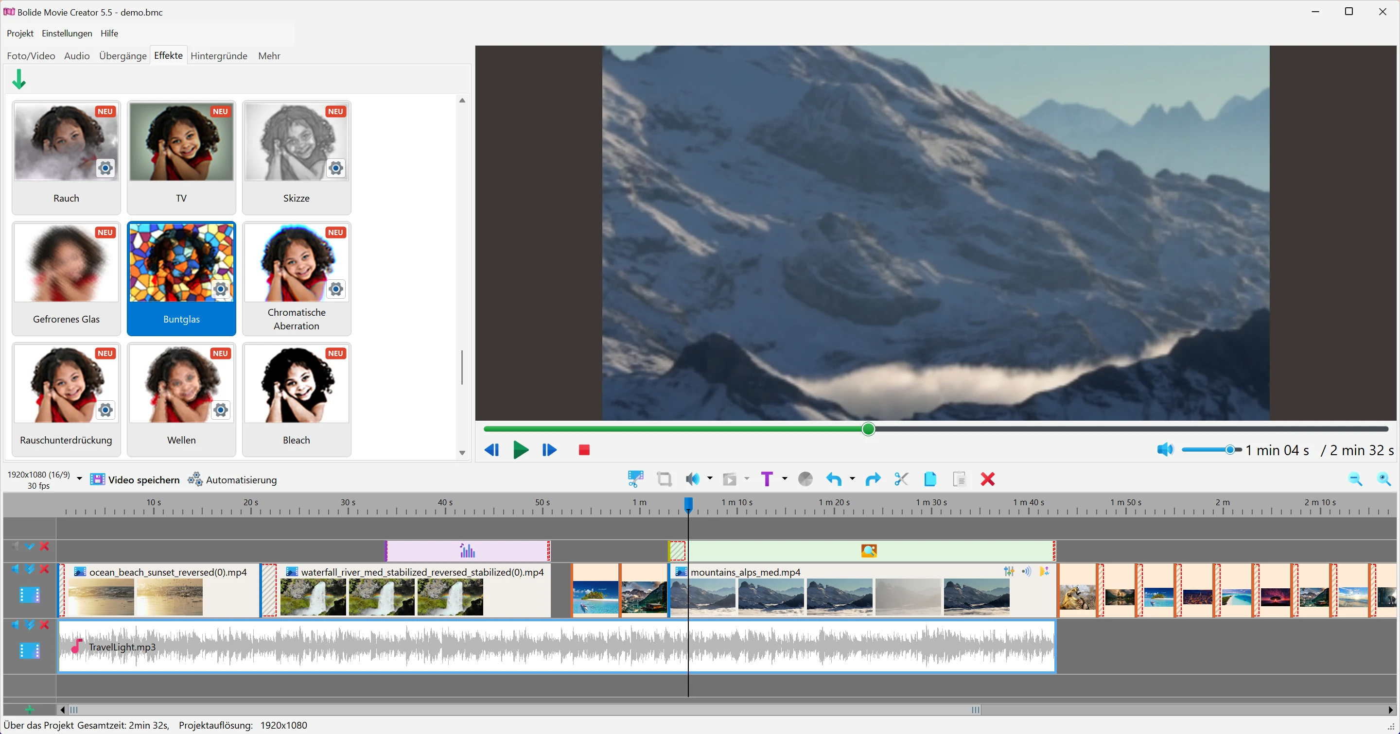 Zoom-Effekt für Videos in Bolide Movie Creator
