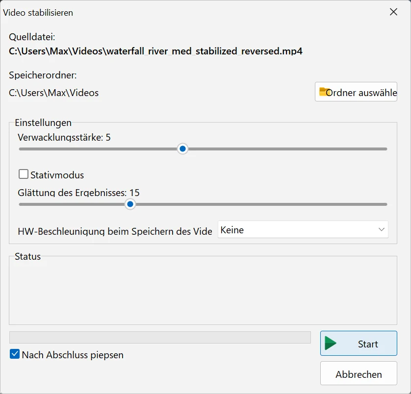Einstellungen der Videostabilisierung in Bolide Movie Creator