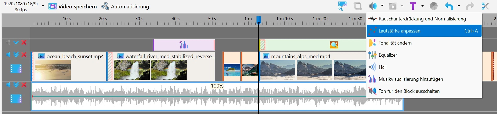 Lautstärke eines Clips ändern in Bolide Movie Creator