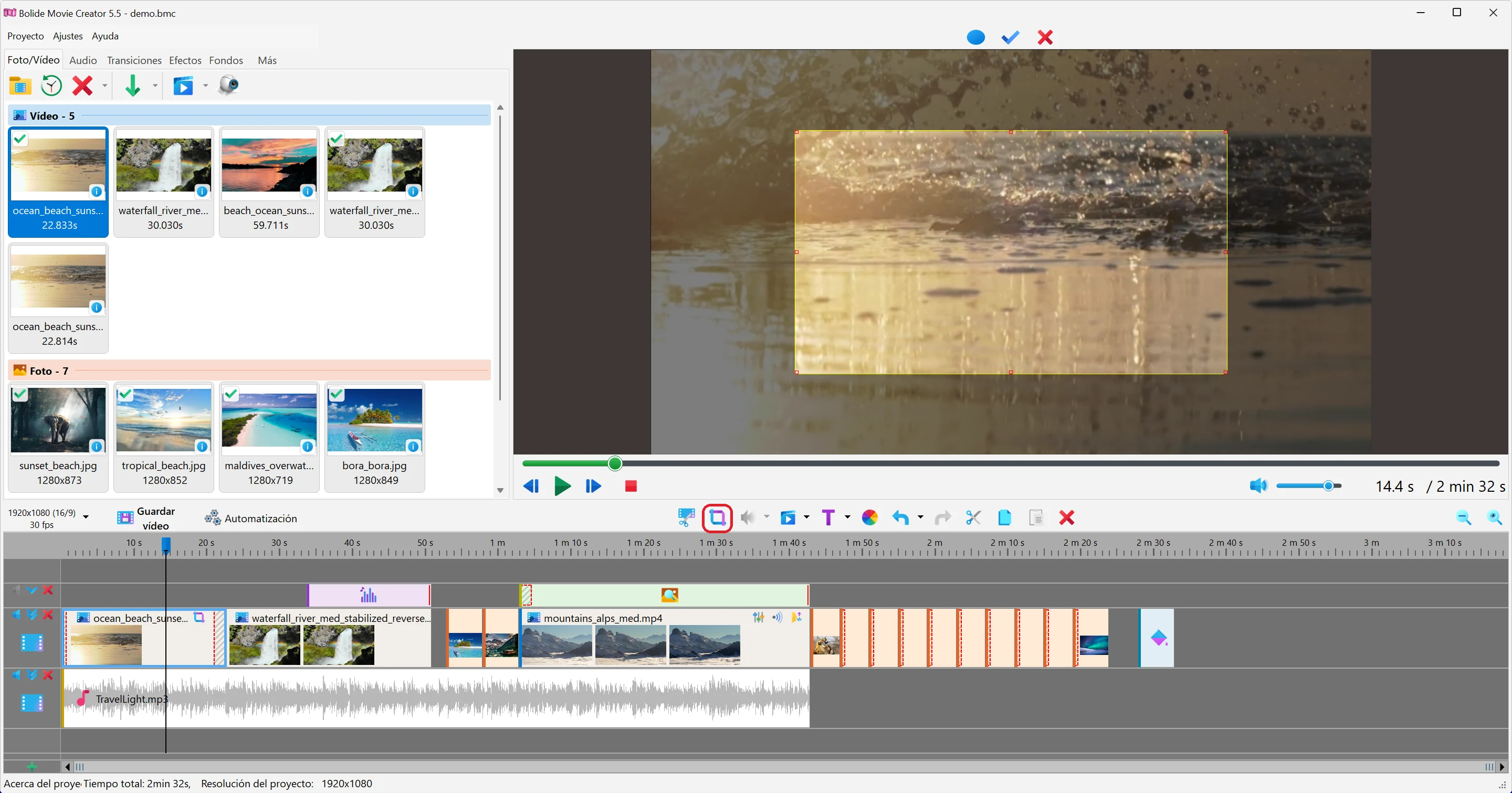 recortar fotograma de vídeo en Bolide Movie Creator