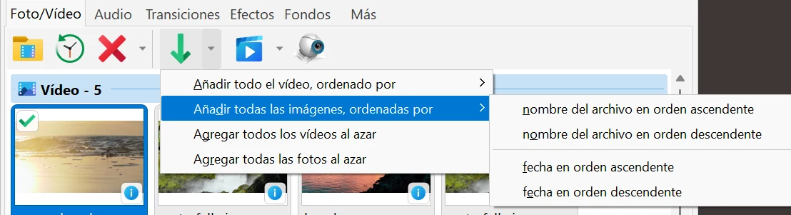 Añadir foto/vídeo a la biblioteca del proyecto en Bolide Movie Creator