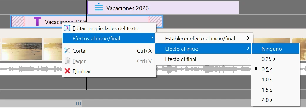 establecer una duración predefinida del efecto del comentario de texto en Bolide Movie Creator