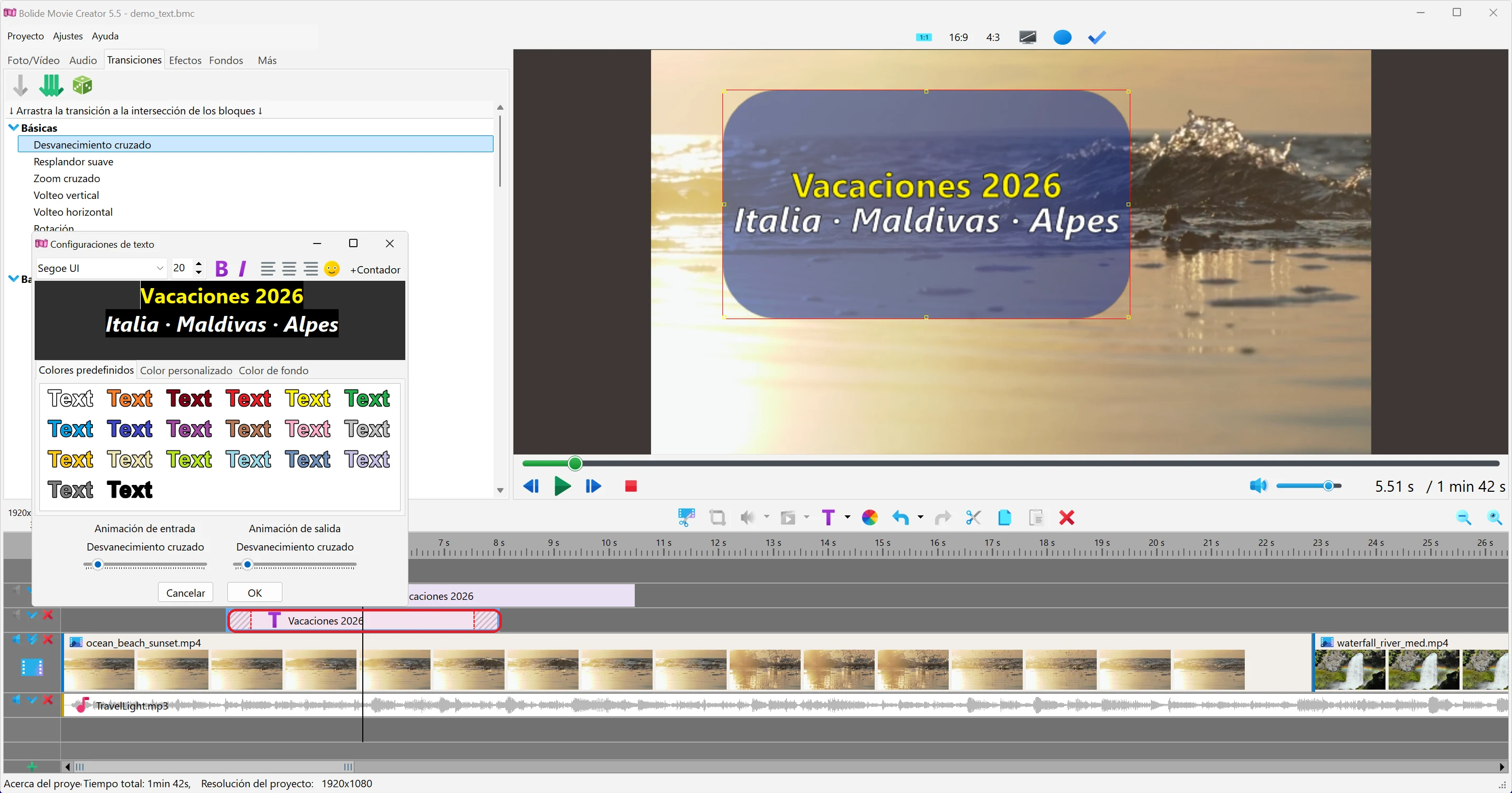 añadir texto al proyecto de vídeo en Bolide Movie Creator