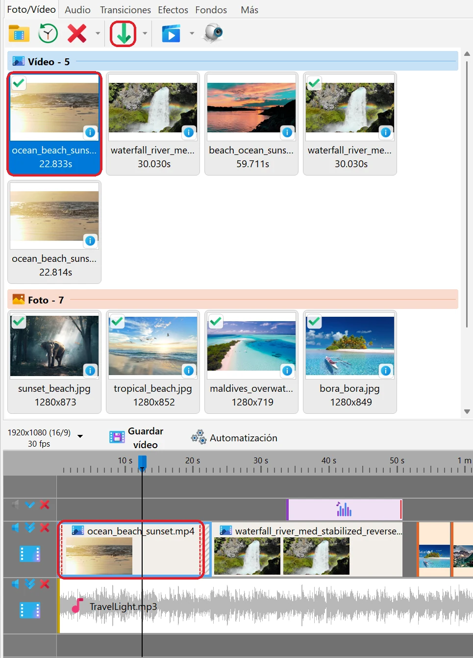 añadir foto o vídeo a la línea de tiempo en Bolide Movie Creator