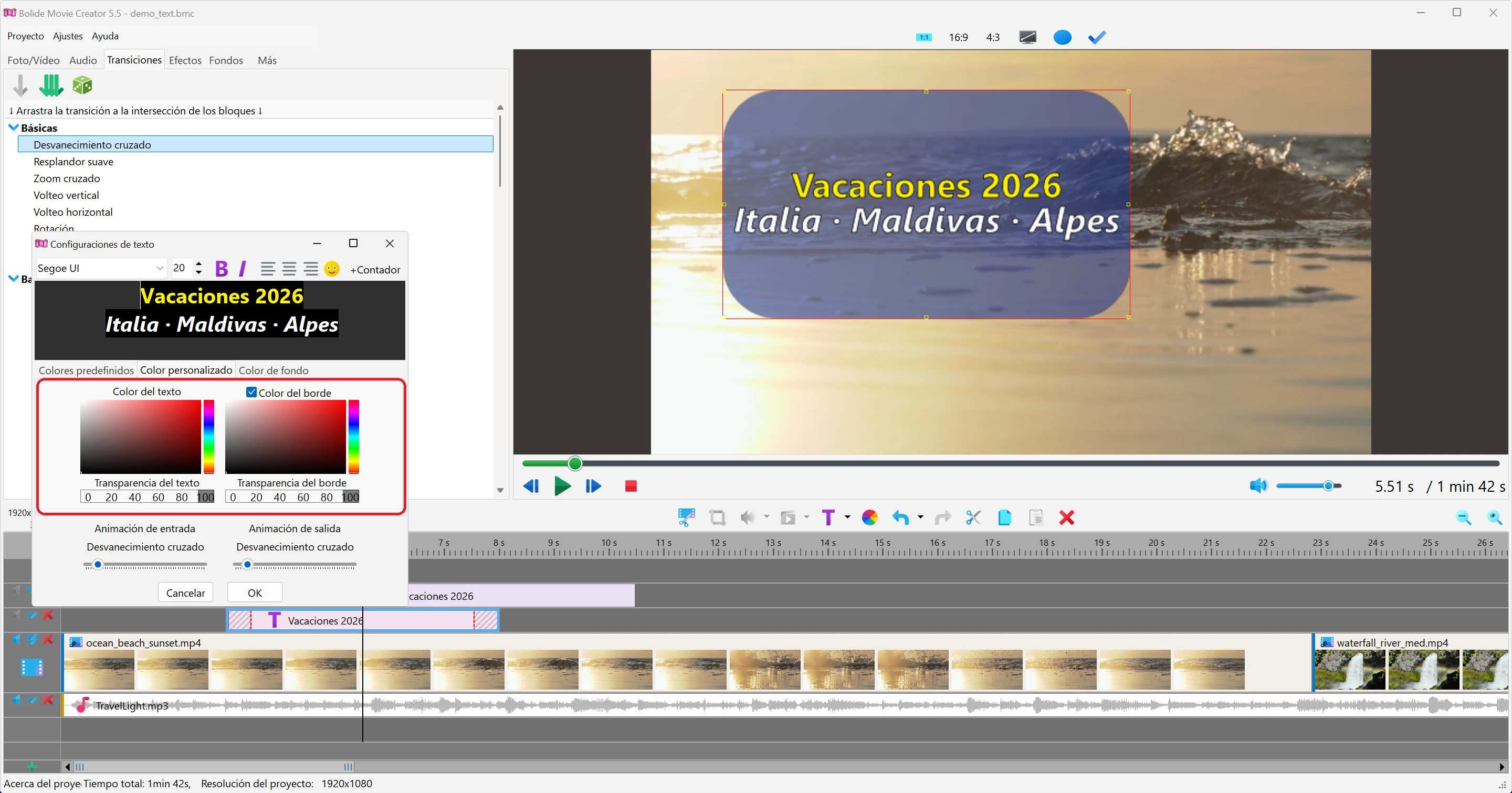 elegir el color del texto en Bolide Movie Creator